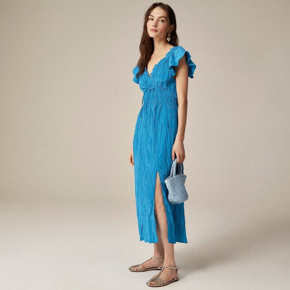 NWT J Crew Palermo Dress in Viscose-Blend Crinkle Nordic Sea Blue X-Small